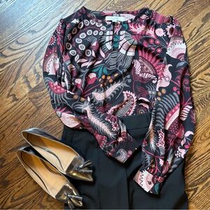 LOFT Black and Pink Patterned Blouse